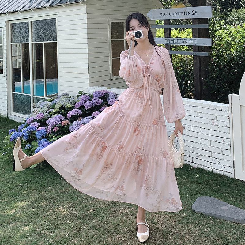 休闲田园风碎花连衣裙女2025新款夏季长袖收腰显瘦印花公主蛋糕裙,女装连衣裙,世纪海洋
