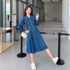 蓝色复古牛仔长袖连衣裙女春2025新款韩系收腰显瘦法式气质A字裙