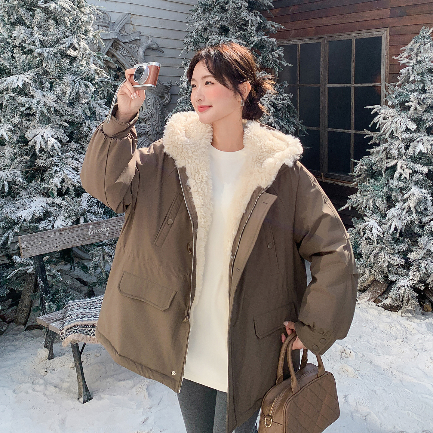 棉衣羊羔毛拼接连帽外套155-8705-P225K310，女装派克服，世纪海洋