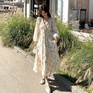 休闲田园风碎花连衣裙女2025新款夏季长袖收腰显瘦印花公主蛋糕裙图片