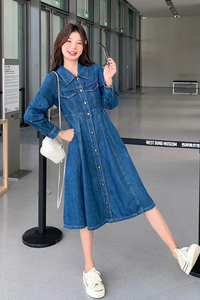 蓝色复古牛仔长袖连衣裙女春2025新款韩系收腰显瘦法式气质A字裙图片