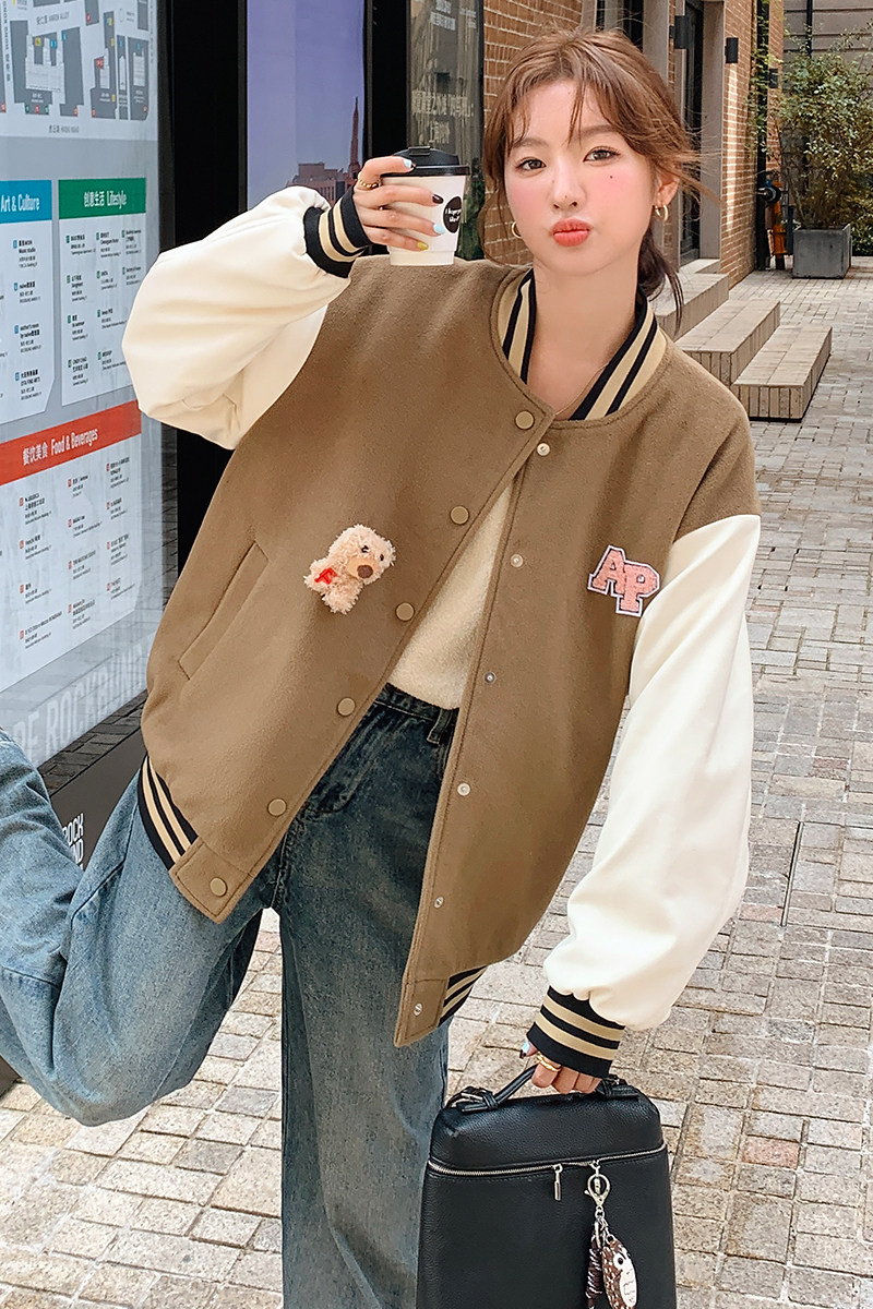 毛呢拼接PU皮夹棉外套小熊玩偶可拆卸155-169-P180控260,女装短外套,世纪海洋