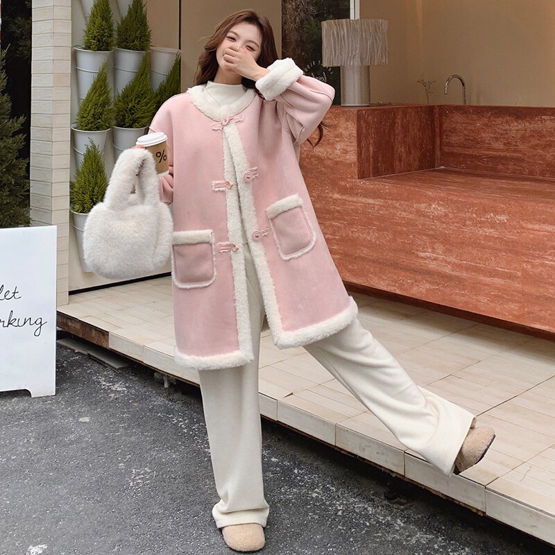 加厚羊羔毛皮毛一体外套女2024冬中长款粉色学生超好看韩系温柔风,女装毛呢外套,世纪海洋