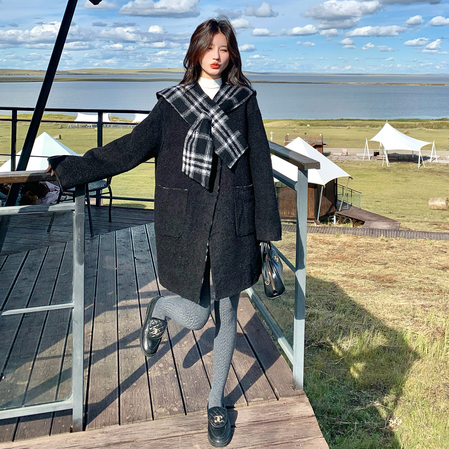 韩系漂亮格子两面穿双面呢羊毛外套女秋冬2025新款学院风超火大衣,女装毛呢外套,世纪海洋