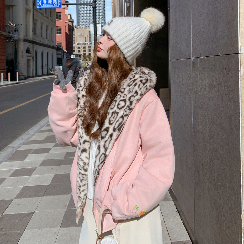 兔耳连帽加厚豹纹毛绒内里短外套155-8712-P215K315，女装短外套，世纪海洋