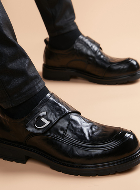 2025新款秋季商务正装皮鞋男款真皮英伦风休闲搭扣厚底内增高男鞋