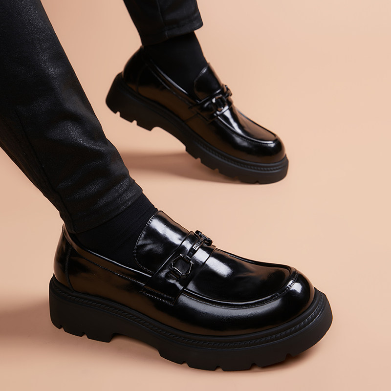 男士休闲一脚蹬皮鞋男款真皮英伦风豆豆鞋商务正装厚底增高乐福鞋