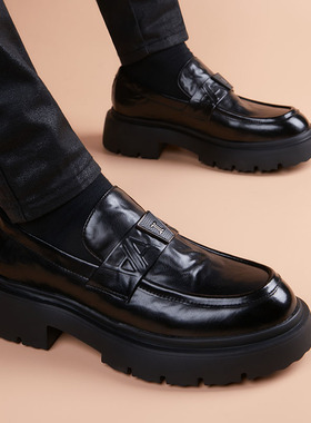 豆豆鞋男一脚蹬休闲皮鞋男款真皮商务正装内增高厚底英伦风乐福鞋