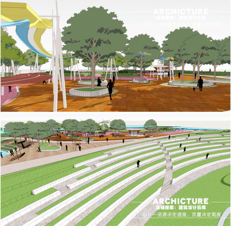 滨水现代公园大台阶/休息踏步/曲线弧面玻璃连廊/景观局部/su模型