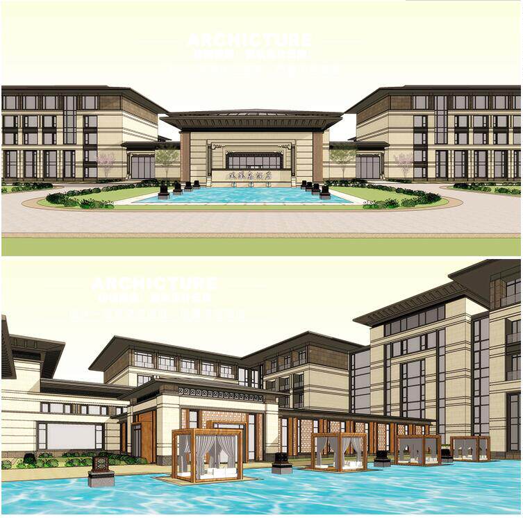 种植坡屋顶五层亲水合院式酒店旅馆宾馆建筑群落/规划设计/su模型