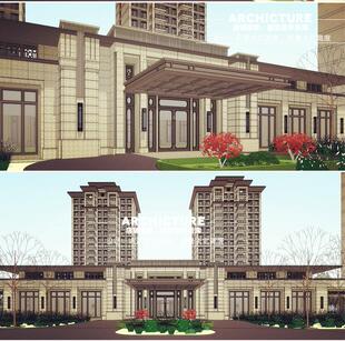 临街退让广场中式古典对称售楼处会所围墙带地库/建筑方案/su模型