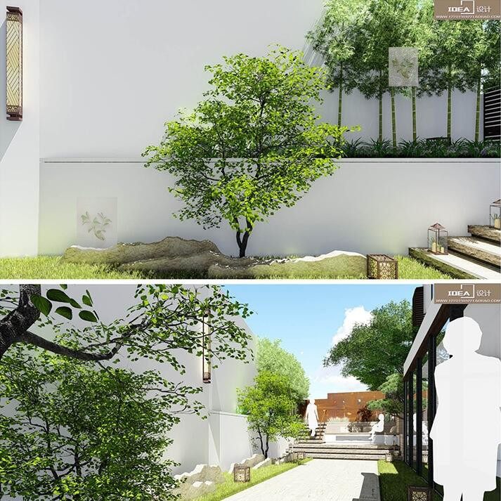 现代新中式别墅庭院露台景观草图大师su模型树池坐凳座椅祥云景墙