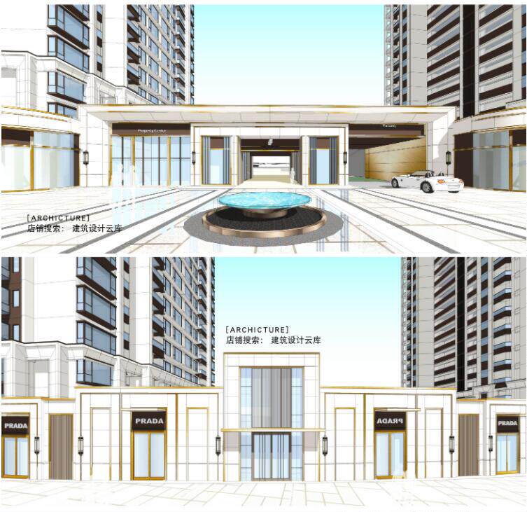 新中式风格高层小区公寓住宅楼大门入口su模型