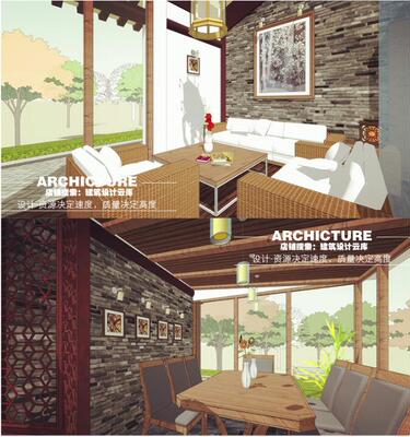 现代中式/小餐厅/茶舍/木家具/座椅/沙发/餐桌/灯/餐饮建筑su模型