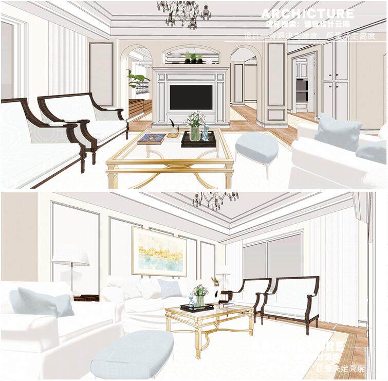 清新美式田园风/客厅餐厅卧室/家具/住宅户型室内家装设计/su模型