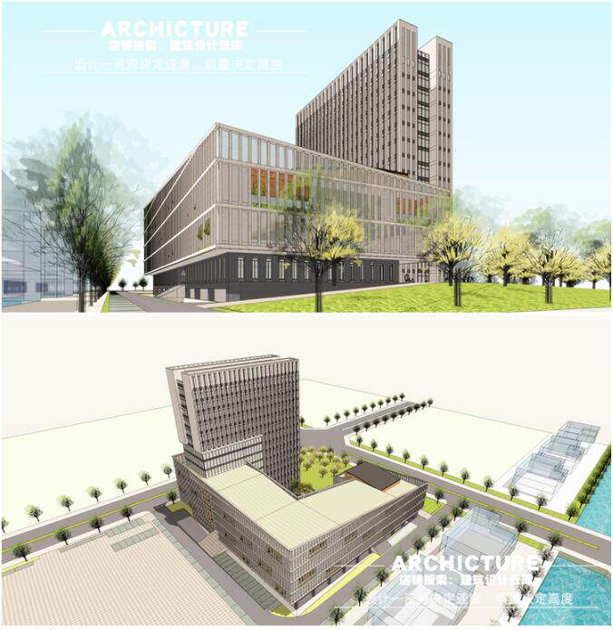 现代/企业中心/办公服务楼/竖向杆件表皮/高层/裙房/建筑/su模型