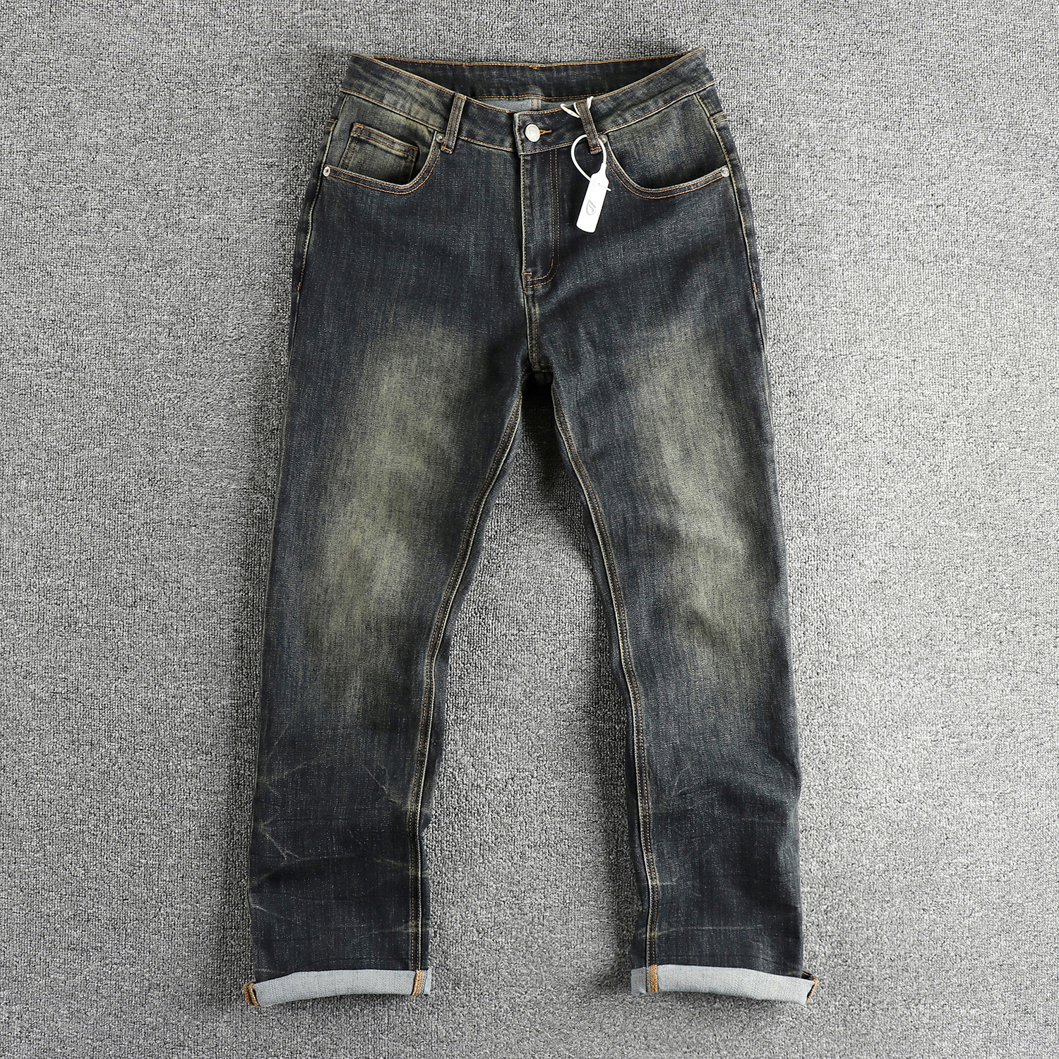 复古蓝灰色水洗做旧美式高街牛仔裤男 舒适小直筒潮流青年长裤子