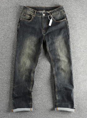 复古蓝灰色水洗做旧美式高街牛仔裤男 舒适小直筒潮流青年长裤子