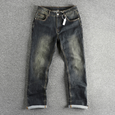 蓝灰色水洗做旧美式高街牛仔裤