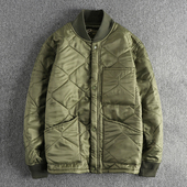 绗缝菱形格夹棉保暖飞行员夹克男咔叽复古潮流棒球领开衫 棉衣外套