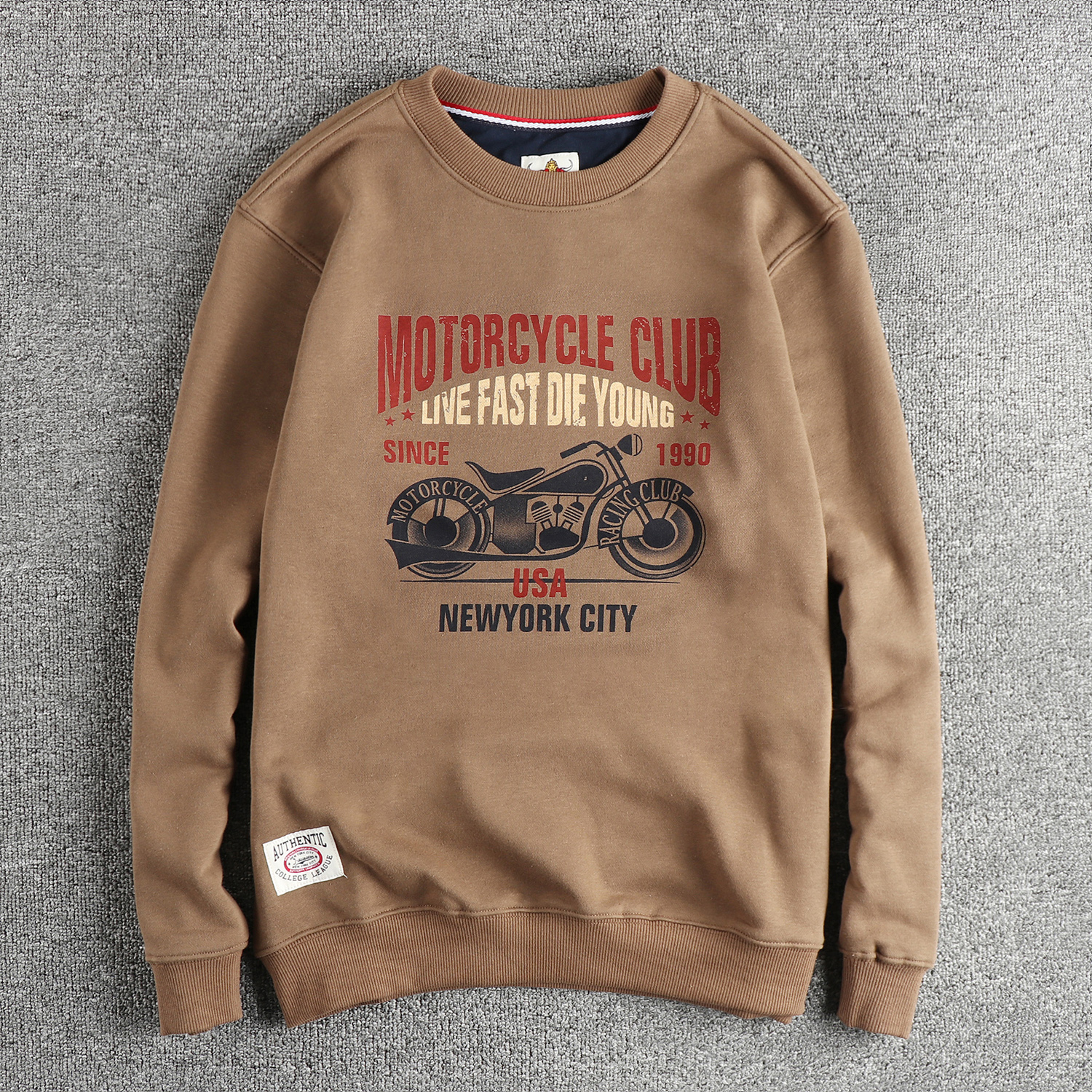 复古机车元素图案毛圈棉圆领卫衣男春秋百搭套头休闲长袖上衣百搭