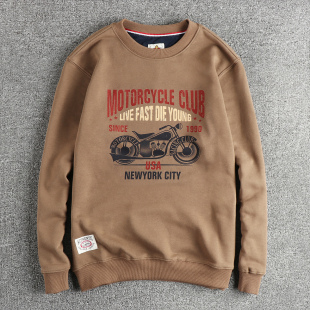 复古机车元 上衣百搭 素图案毛圈棉圆领卫衣男春秋百搭套头休闲长袖