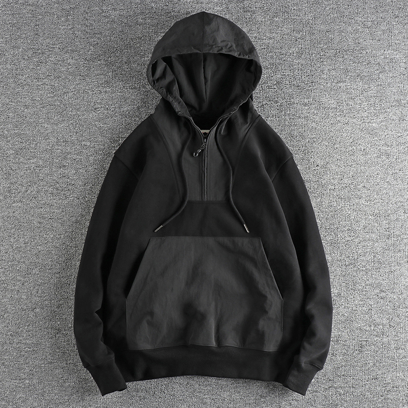 高街复古潮流半开领连帽卫衣