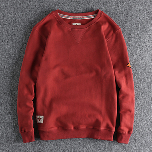 袖 子贴布微章简约纯色复古圆领卫衣男秋冬加绒舒适百搭宽松套头衣