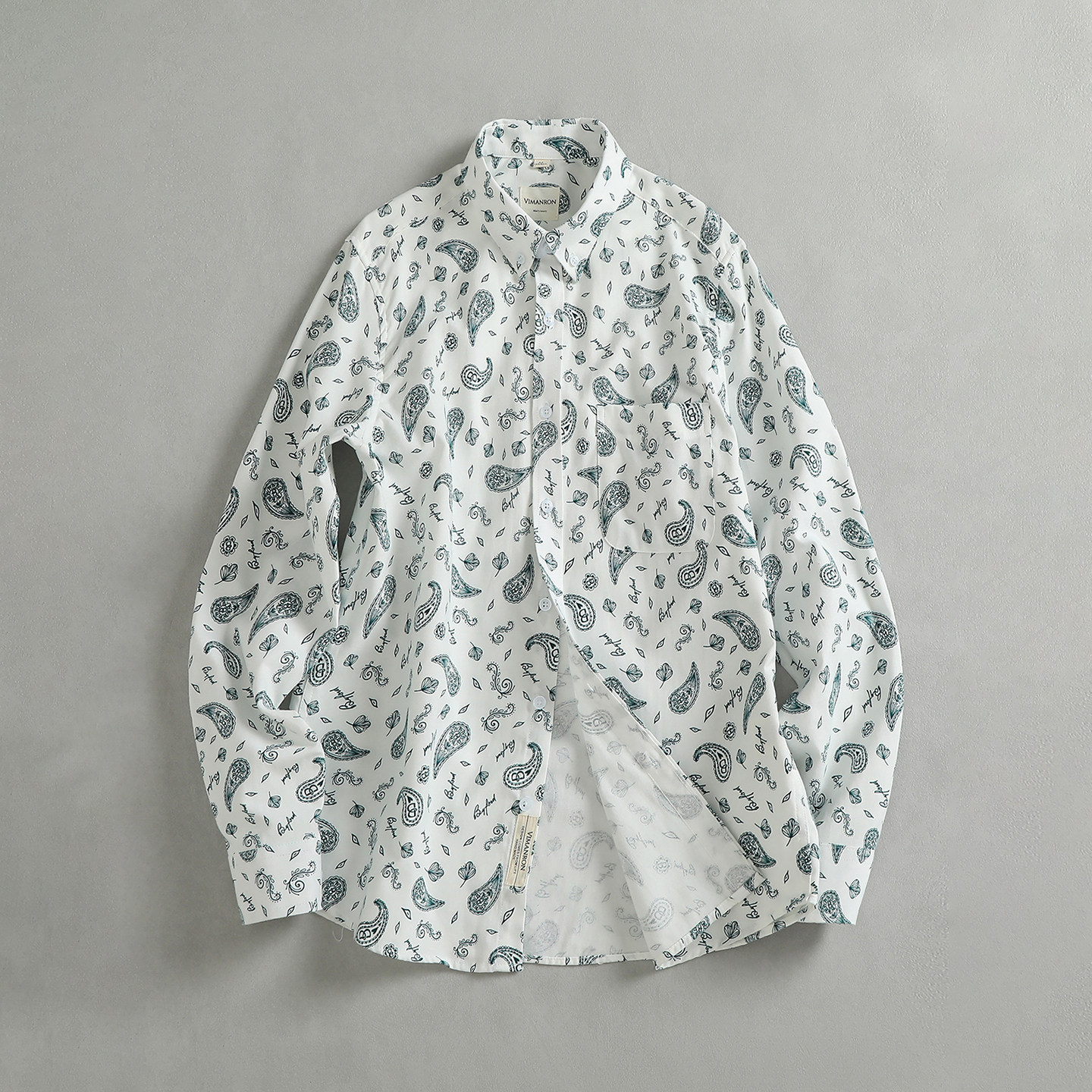 时尚腰果花牛津纺全棉水洗男士衬衫长袖简约口袋设计宽松舒适衬衣