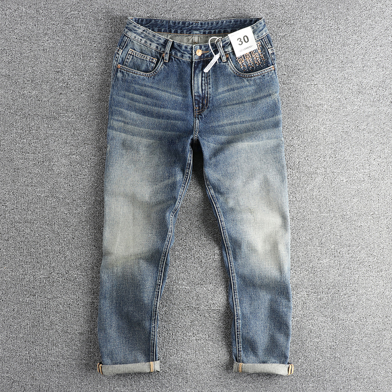 美式复古潮流刺绣点缀牛仔裤