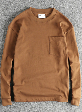 实拍日系复古潮流男款口袋长袖T恤 230G精梳棉舒适圆领打底衫上衣