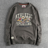 素字母图案圆领卫衣男水洗牛肚毛圈套头上衣长袖 新品 橄榄球复古元