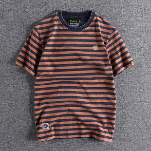 T恤 圆领短袖 拼接领口潮流街头欧美青年上衣水洗条纹纯棉夏季 男士