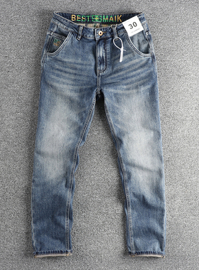 美式复古潮流重水洗做旧猫须牛仔裤男 微弹舒适面料小直筒长裤子