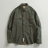 复古潮流条纹男款 长袖 衬衫 少量美式 梭织全棉水洗做旧工装 衬衣外套
