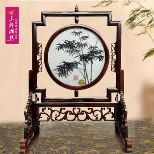 玉玲湘绣双面绣摆件酸枝木精致礼品商业礼品新中式古典摆台