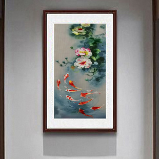 玉玲湘绣玄关挂画荷花鱼年年有余端景单面绣荷花莲花锦鲤鱼