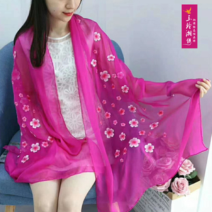 玉玲湘绣纯手工制作精品湘绣双面绣花围巾桑蚕丝围巾丝巾纱巾亲肤