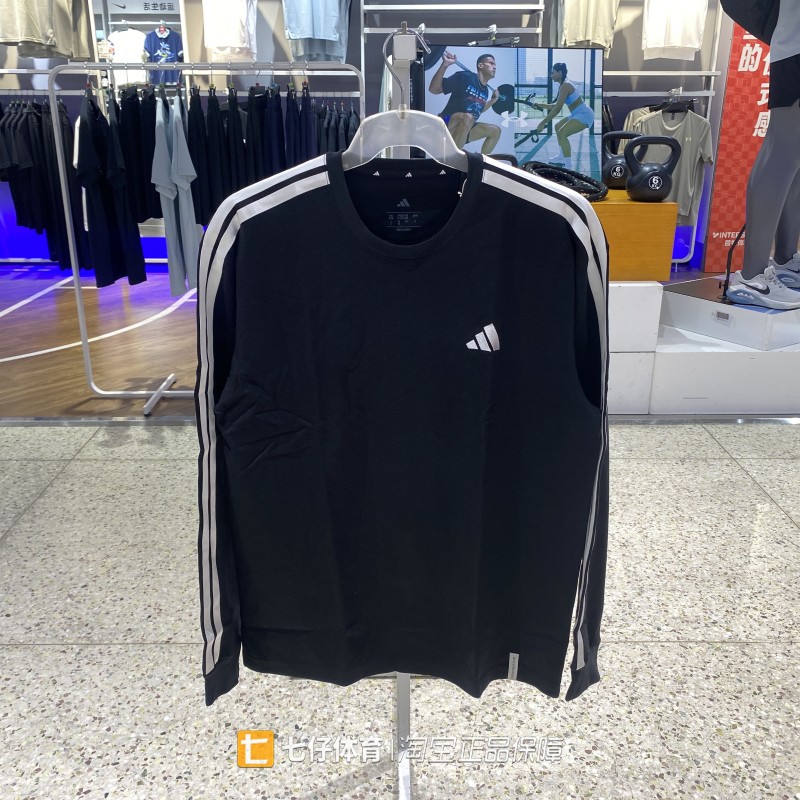 Adidas/阿迪达斯正品秋季男纯棉圆领黑色三条杠条纹长袖T恤KF3728