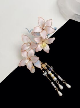 非遗绒花樱粉冰青流苏发夹