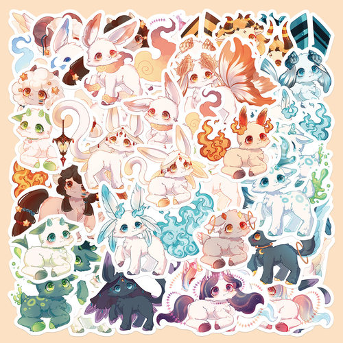 80张原创卡通幻想生物贴纸创意偶蹄可爱涂鸦手机壳iPad装饰贴画