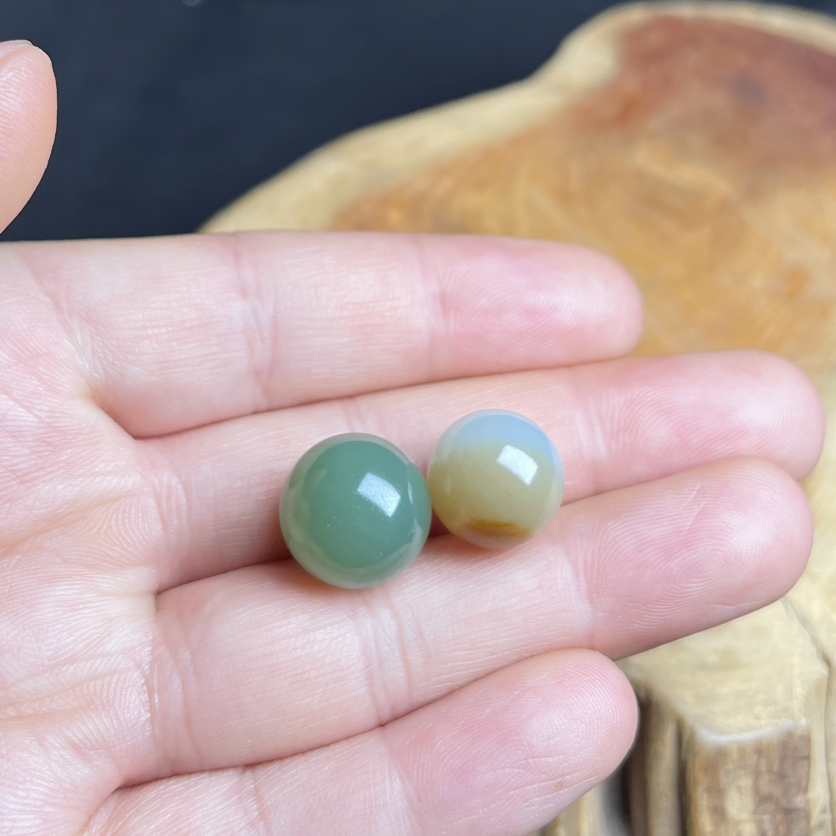 和田玉粉青鸭蛋青、且末蓝带糖三色圆珠配珠多宝单珠14mm、13mm