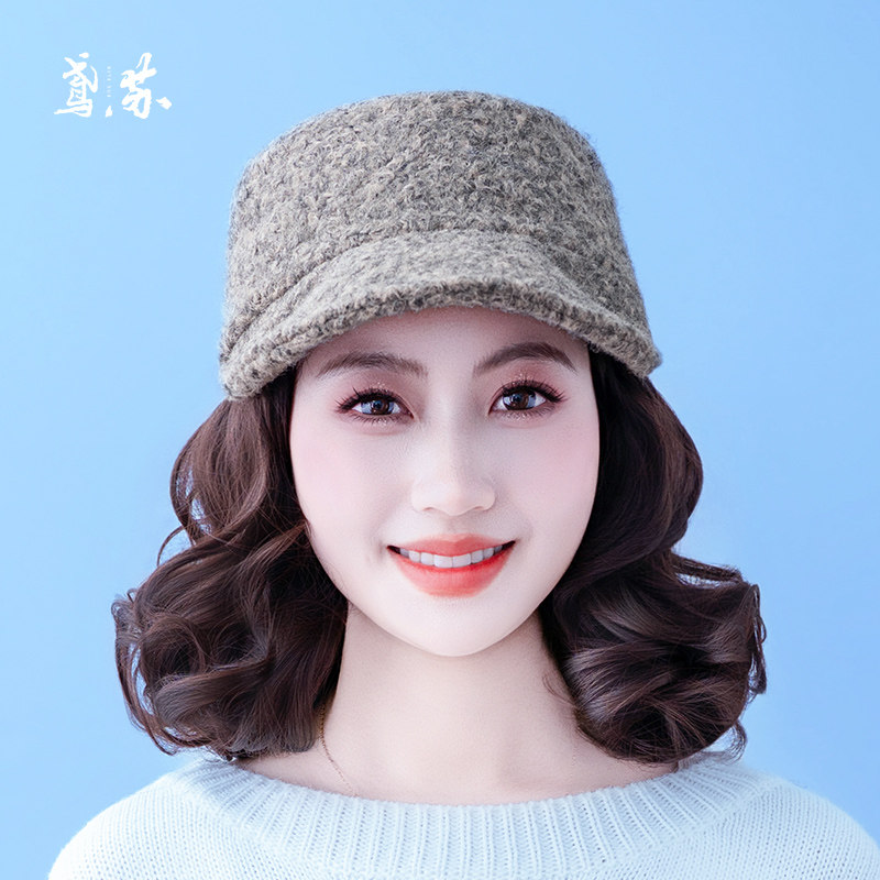 秋冬款帽子假发一体可拆卸短卷发时尚百搭中老年女保暖高端假发帽