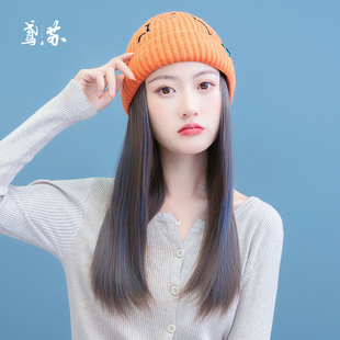 帽子假发女长发一体可拆卸毛绒针织帽挑染长直发自然仿真全头套式