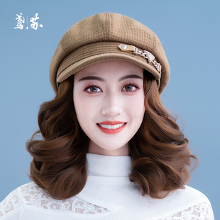 帽子假发一体时尚秋冬女2025年新款短卷发八角帽锁骨发仿真可拆卸