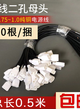 AC电源插头2孔母头带线监控防水盒两脚公母插头线220v二孔50cm长