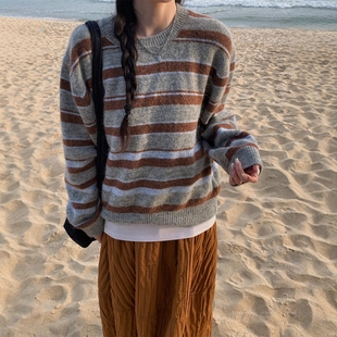 打底内搭 复古条纹风保暖针织衫 韩系条纹圆领套头毛衣女长袖 秋冬季