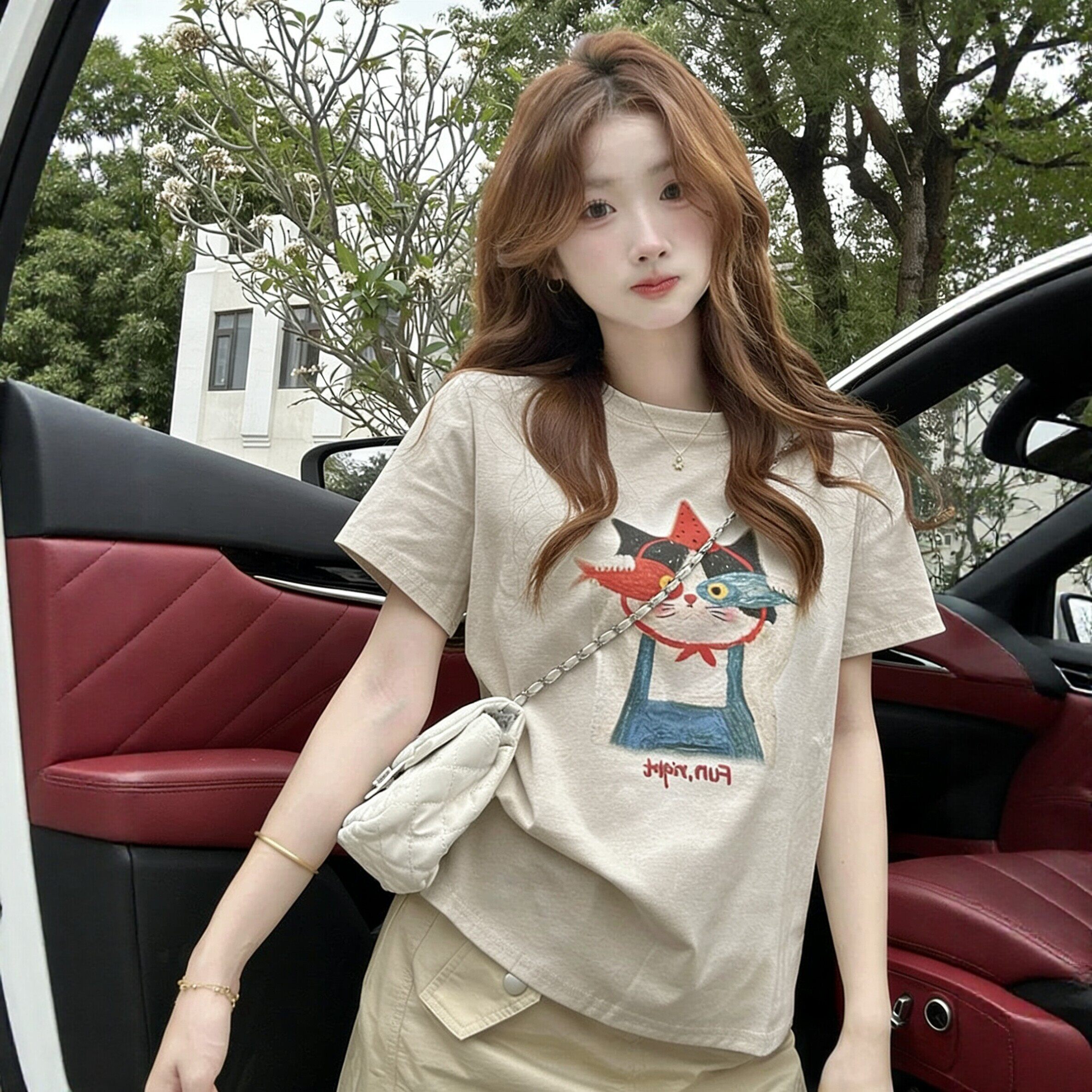 韩系女生小猫印花短袖T恤女2026夏季新款圆领设计感独特漂亮上衣
