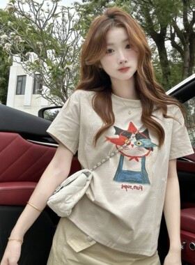 韩系女生小猫印花短袖T恤女2026夏季新款圆领设计感独特漂亮上衣