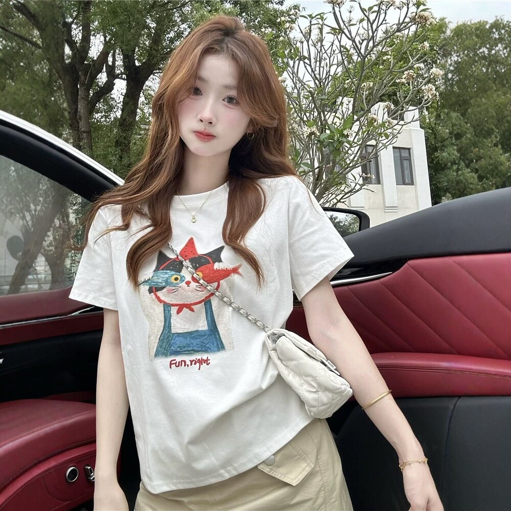 韩系女生小猫印花短袖T恤女2026夏季新款圆领设计感独特漂亮上衣